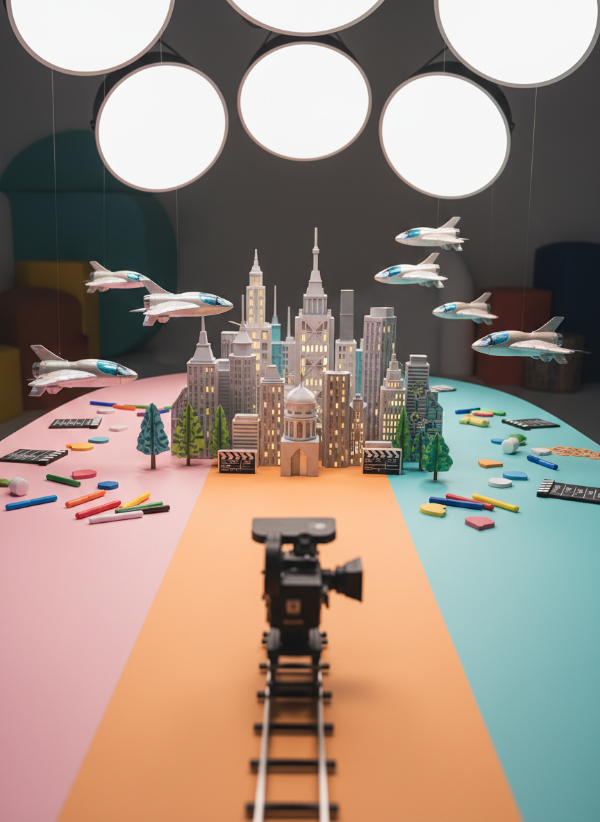 A playful miniature film set built on a bright, curved tabletop painted in gradient shades of pink, orange, and teal, with tiny cardboard city buildings, glossy toy spaceships, and handmade paper trees. A small, realistic black camera on a dolly track faces the set, while colorful foam props and markers scatter around the edges. Large, circular light panels with soft white glow curve overhead, casting even, flattering light and subtle highlights on shiny surfaces. The composition is wide and cinematic, using a low eye-level perspective to make the miniature world feel grand. The mood is imaginative and empowering, captured in vibrant, photographic realism with a smooth bokeh blur softening the rounded studio background.