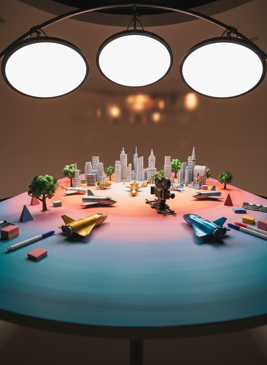 A playful miniature film set built on a bright, curved tabletop painted in gradient shades of pink, orange, and teal, with tiny cardboard city buildings, glossy toy spaceships, and handmade paper trees. A small, realistic black camera on a dolly track faces the set, while colorful foam props and markers scatter around the edges. Large, circular light panels with soft white glow curve overhead, casting even, flattering light and subtle highlights on shiny surfaces. The composition is wide and cinematic, using a low eye-level perspective to make the miniature world feel grand. The mood is imaginative and empowering, captured in vibrant, photographic realism with a smooth bokeh blur softening the rounded studio background.