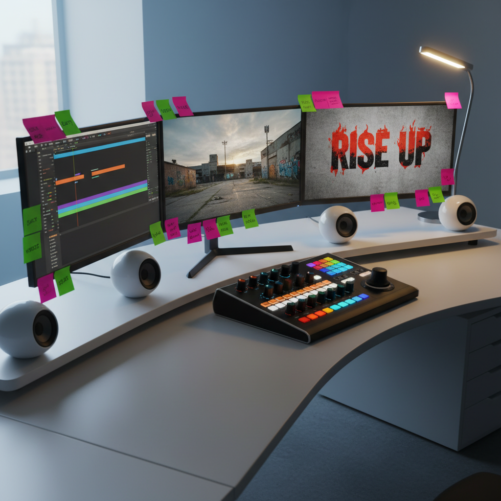 A stylized editing suite focused on a collaborative social-justice film project: a wide, curved desk in matte white supports a trio of monitors displaying a colorful timeline, documentary footage of urban landscapes (no people), and a bold title card with protest-inspired typography. Around the monitors, rounded speakers, a chunky color grading panel with glowing knobs, and sticky notes in magenta and lime form a vibrant halo. Cool daylight from a large unseen window mixes with a warm desk lamp, creating a balanced, dynamic lighting contrast with soft shadows. Captured from a three-quarter angle, the composition emphasizes the arc of technology and tools, suggesting collective effort and empowerment, presented in sleek, high-contrast photographic realism.
