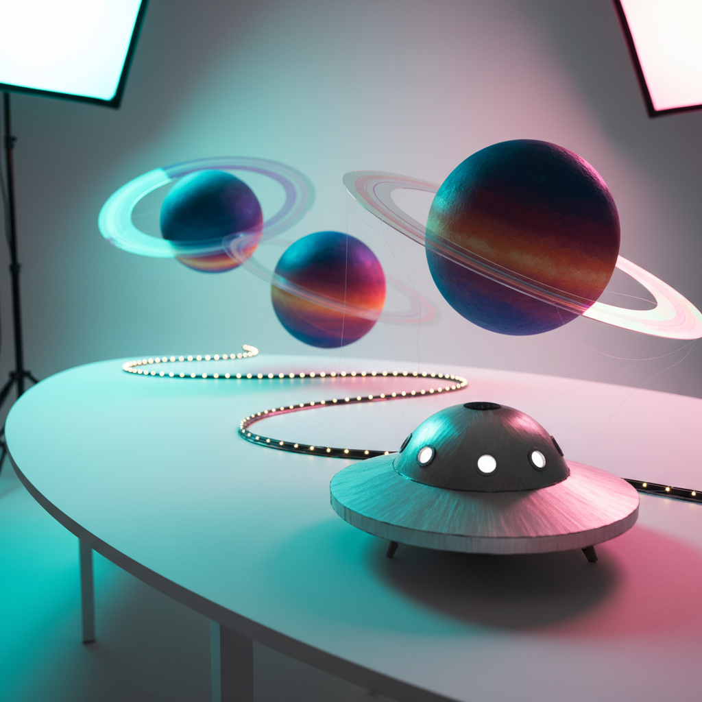 An imaginative sci-fi set model on a large, curved white studio table: towering foam planets painted in saturated gradients, iridescent acrylic rings suspended by nearly invisible wires, and a metallic cardboard spacecraft with rounded, friendly contours. Colored gels over softbox lights bathe the scene in teal, magenta, and amber, casting overlapping, softly blurred shadows on the seamless backdrop. A rail of miniature LED lights suggests a glowing cosmic path across the table’s surface. The camera angle is low and wide, making the model feel immersive and expansive, with crisp focus on the foreground spacecraft and a subtle bokeh on distant planets. The atmosphere is exploratory and empowering, conveying the joy of building speculative worlds through film in vivid photographic style.