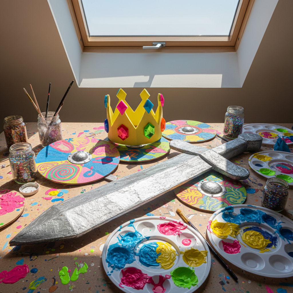A playful prop-design workshop table exploring fantasy themes: a giant cardboard sword with rounded edges and metallic silver paint, a whimsical foam crown encrusted with plastic gemstones in candy colors, and a stack of hand-painted shields featuring abstract symbols of unity and strength. Paint palettes smeared with neon acrylics, chunky brushes, and glitter jars cluster around them. Bright, overhead daylight floods in from a skylight, creating crisp highlights on glossy paint and soft, short shadows beneath each object. Shot from a slightly tilted, dynamic angle, the composition feels energetic and in-progress, with splatters and color swatches breaking the symmetry. The mood is bold, hands-on, and imaginative, captured in sharp, high-saturation photographic realism that celebrates DIY filmmaking creativity.